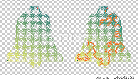 Bell shaped maze puzzle with solution. Easter labyrinth activity worksheet for children. Green and yellow gradient design on transparent background 140142553