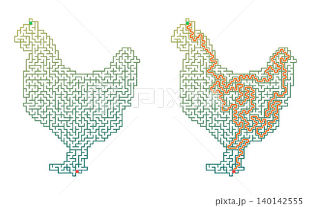 Chicken shaped maze puzzle with solution. Easter labyrinth activity printable for kids. Green gradient design on transparent background 140142555