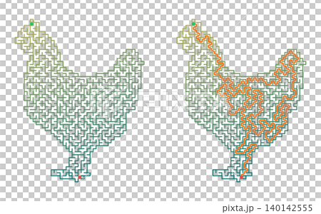 Chicken shaped maze puzzle with solution. Easter labyrinth activity printable for kids. Green gradient design on transparent background 140142555