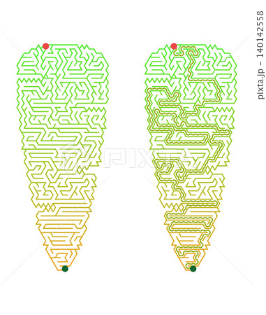 Easter maze puzzle printable sheet. Carrot shaped labyrinth game for kids with solution. Educational logic activity vector illustration Easter maze puzzle printable sheet. Carrot shaped labyrinth game for kids with solution. Educational logic activity vector illustration 140142558