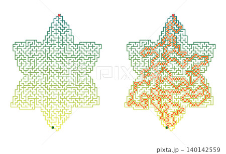 Easter maze puzzle printable sheet. Star shaped labyrinth game for kids with solution. Educational logic activity vector illustration Easter maze puzzle printable sheet. Star shaped labyrinth game for kids with solution. Educational logic activity vector illustration 140142559