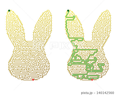 Easter bunny maze puzzle activity for kids. Rabbit shaped labyrinth game with solution. Educational worksheet vector illustration Easter bunny maze puzzle activity for kids. Rabbit shaped labyrinth game with solution. Educational worksheet vector illustration 140142560