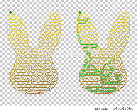 Easter bunny maze puzzle activity for kids. Rabbit shaped labyrinth game with solution. Educational worksheet vector illustration Easter bunny maze puzzle activity for kids. Rabbit shaped labyrinth game with solution. Educational worksheet vector illustration 140142560