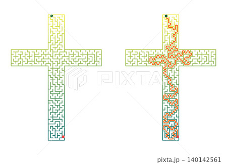 Christian cross maze puzzle grid for Easter. Religious labyrinth game with solution path. Sunday school activity worksheet vector 140142561