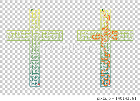 Christian cross maze puzzle grid for Easter. Religious labyrinth game with solution path. Sunday school activity worksheet vector 140142561