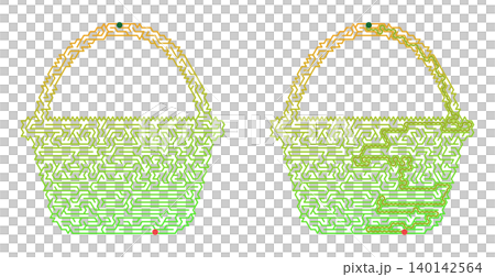 Easter basket maze worksheet vector. Solved and unsolved labyrinth puzzle game for kids. Educational activity with green path solution on transparent background 140142564