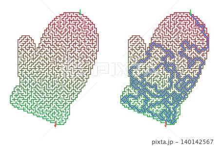 Winter mitten shaped holiday labyrinth worksheet. Green and red gradient maze puzzle with solution path. Printable educational activity for kids 140142567