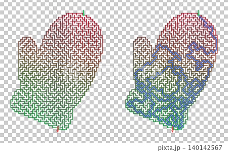 Winter mitten shaped holiday labyrinth worksheet. Green and red gradient maze puzzle with solution path. Printable educational activity for kids 140142567