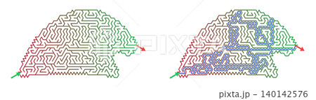 Printable winter holiday hat shape labyrinth. Unsolved and solved maze puzzle game with blue path on transparent background. Educational activity for kids Printable winter holiday hat shape labyrinth. Unsolved and solved maze puzzle game with blue path on transparent background. Educational activity for kids 140142576