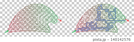 Printable winter holiday hat shape labyrinth. Unsolved and solved maze puzzle game with blue path on transparent background. Educational activity for kids 140142576