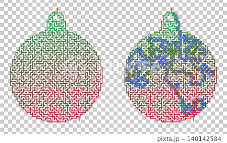 Printable winter maze sheet shaped like a Christmas ornament. Educational labyrinth game for kids with solution path. Unsolved and solved bauble worksheet on transparent background Printable winter maze sheet shaped like a Christmas ornament. Educational labyrinth game for kids with solution path. Unsolved and solved bauble worksheet on transparent background 140142584