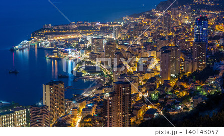 Aerial top view of Monaco from the grand corniche road day to night timelapse, Monaco France Aerial top view of Monaco from the grand corniche road day to night timelapse, Monaco France 140143057