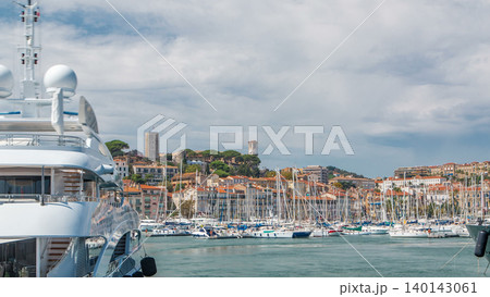 View of medieval Castre Castle and harbor with yachts timelapse. 140143061