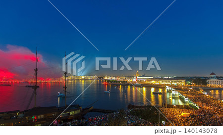 Fireworks timelapse over the city of St. Petersburg Russia on the feast of Scarlet Sails, view from rooftop. Fireworks timelapse over the city of St. Petersburg Russia on the feast of Scarlet Sails, view from rooftop. 140143078