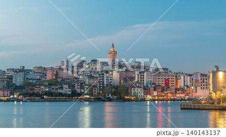 View over golden horn bay on the galata tower and its neighborhood day to night timelapse in Istanbul. View over golden horn bay on the galata tower and its neighborhood day to night timelapse in Istanbul. 140143137