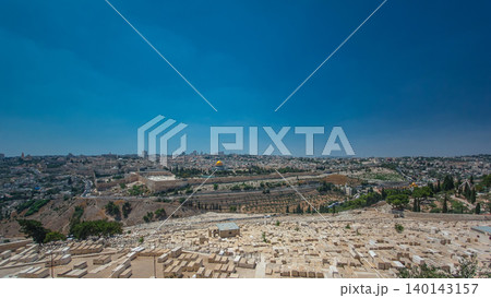 Panoramic view on Jerusalem timelapse with the Dome of the Rock from the Mount of Olives. 140143157