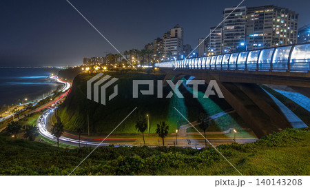 Villena Bridge with traffic and partial City view in the Background day to night timelapse, Lima, Peru. 140143208