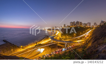 Aerial view of Lima's Coastline in the neighborhood of Miraflores day to night timelapse, Lima, Peru Aerial view of Lima's Coastline in the neighborhood of Miraflores day to night timelapse, Lima, Peru 140143212