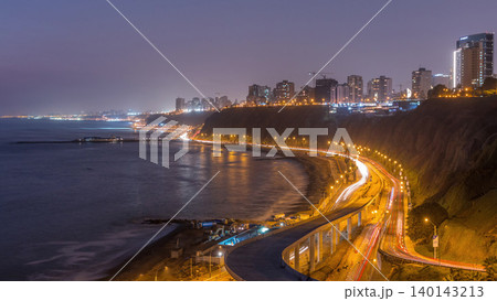 Aerial view of Lima's Coastline in the neighborhood of Miraflores day to night timelapse, Lima, Peru Aerial view of Lima's Coastline in the neighborhood of Miraflores day to night timelapse, Lima, Peru 140143213