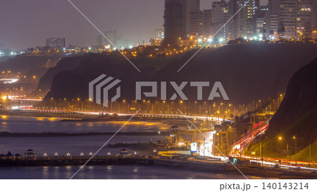 Aerial view of Lima's Coastline in the neighborhood of Miraflores day to night timelapse, Lima, Peru Aerial view of Lima's Coastline in the neighborhood of Miraflores day to night timelapse, Lima, Peru 140143214