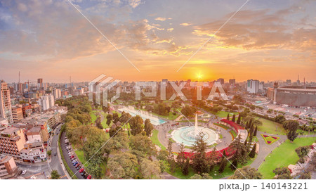 Aerial sunset view to Park of the Reserve with magic water circuit biggest fountain complex timelapse Aerial sunset view to Park of the Reserve with magic water circuit biggest fountain complex timelapse 140143221