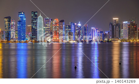 Doha downtown skyline day to night timelapse, Qatar, Middle East 140143269