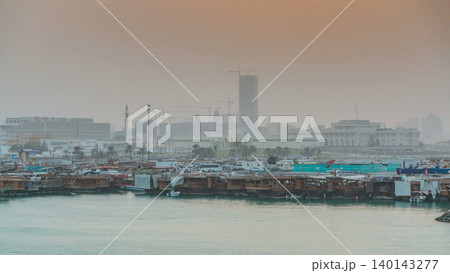 Sunset at Doha Bay timelapse with Traditional Wooden Dhow Fishing Boats. Sunset at Doha Bay timelapse with Traditional Wooden Dhow Fishing Boats. 140143277