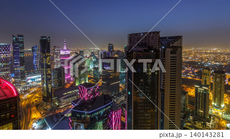 The skyline of the West Bay area from top in Doha day to night timelapse, Qatar. The skyline of the West Bay area from top in Doha day to night timelapse, Qatar. 140143281