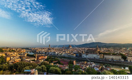 Top view of Florence city timelapse at sunrise with arno river bridges and historical buildings Top view of Florence city timelapse at sunrise with arno river bridges and historical buildings 140143315