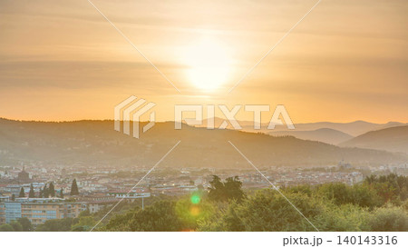 Sunrise top view of Florence city timelapse with arno river bridges and historical buildings Sunrise top view of Florence city timelapse with arno river bridges and historical buildings 140143316