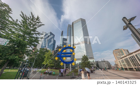 Timelapse hyperlapse of the Euro currency sign in downtown Frankfurt near the former headquarters of the European Central Bank. Germany Timelapse hyperlapse of the Euro currency sign in downtown Frankfurt near the former headquarters of the European Central Bank. Germany 140143325