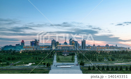 Panorama of the Astana city day to night timelapse and the president's residence Akorda with park Panorama of the Astana city day to night timelapse and the president's residence Akorda with park 140143351