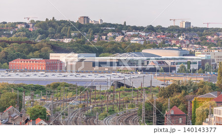 Aerial timelapse of Brussels North station railway tracks with trains arriving and departing. Belgium Aerial timelapse of Brussels North station railway tracks with trains arriving and departing. Belgium 140143377