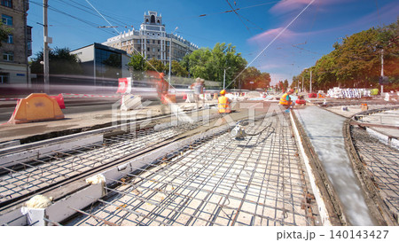 Road construction site with tram tracks repair and maintenance timelapse hyperlapse. 140143427