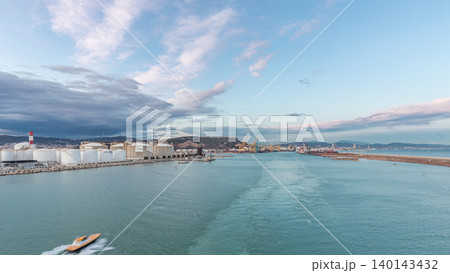 Aerial view of sea with waves and port from ship sailing in the open sea timelapse Aerial view of sea with waves and port from ship sailing in the open sea timelapse 140143432