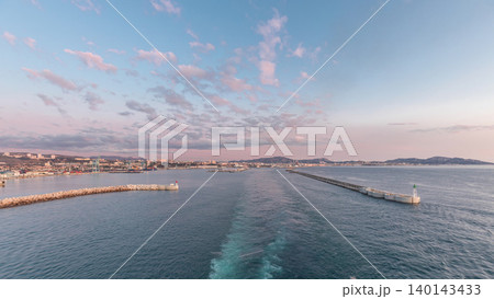 Aerial view of sea with waves and port from ship sailing in the open sea timelapse Aerial view of sea with waves and port from ship sailing in the open sea timelapse 140143433