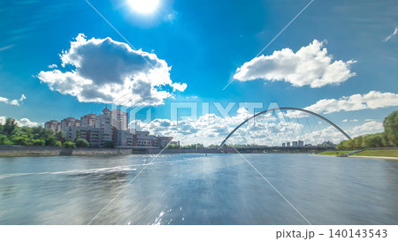 Astana, Kazakhstan. View from Pleasure boat on the river Ishim timelapse hyperlapse drivelapse in Astana. 140143543