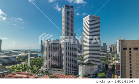 A beautiful morning panorama with Marina Bay area and skyscrapers city skyline aerial timelapse hyperlapse. 140143647