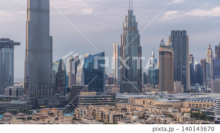 Dubai Downtown skyline during sunset timelapse towers panoramic view from the top in Dubai Dubai Downtown skyline during sunset timelapse towers panoramic view from the top in Dubai 140143670