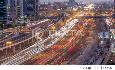 Aerial top view to Sheikh Zayed road near Dubai Marina and JLT day to night timelapse, Dubai. 140143690