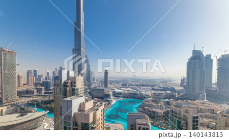 Foggy morning in downtown of Dubai timelapse. 140143813