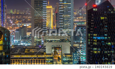 Skyline view of the buildings of Sheikh Zayed Road and DIFC day to night timelapse in Dubai, UAE. Skyline view of the buildings of Sheikh Zayed Road and DIFC day to night timelapse in Dubai, UAE. 140143819