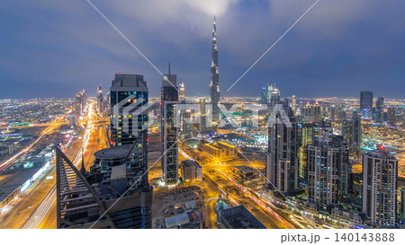 Panoramic skyline of Dubai day to night timelapse, United Arab Emirates. View of world famous skyscrapers. Panoramic skyline of Dubai day to night timelapse, United Arab Emirates. View of world famous skyscrapers. 140143888