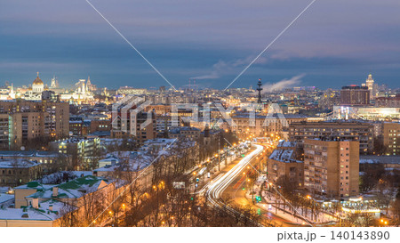 Moscow city Russia skyline aerial panoramic top view day to night timelapse urban winter snow scenery architecture background 140143890