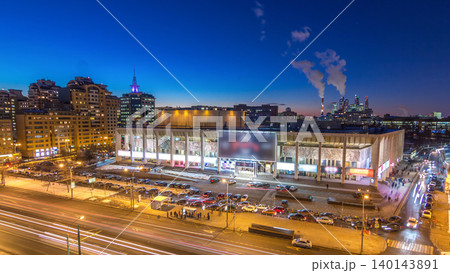 Moscow city Russia skyline aerial panoramic top view day to night timelapse urban winter snow scenery architecture background 140143891