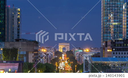 View from above in Defense business district to the Arc de Triumph day to night timelapse, Paris, France 140143901