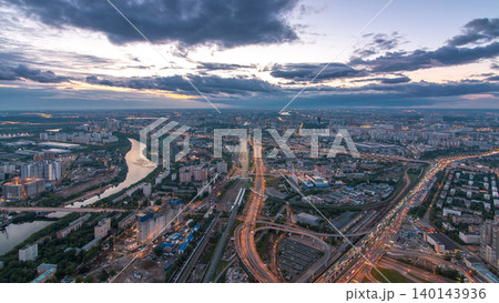Aerial top view of Moscow city day to night timelapse after sunset. From the observation deck Aerial top view of Moscow city day to night timelapse after sunset. From the observation deck 140143936