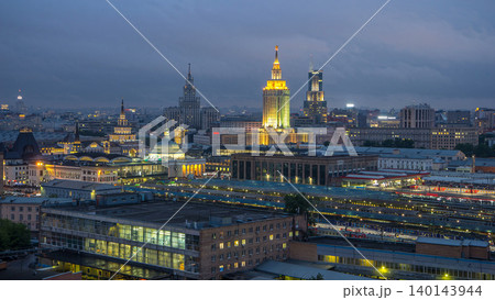 Evening top view of three railway stations day to night timelapse at the Komsomolskaya square in Moscow, Russia 140143944