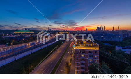 The Third Ring Road after sunset day to night timelapse aerial view from rooftop. Moscow, Russia. 140143949