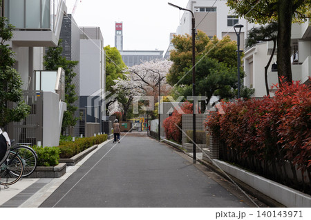 桜咲く住宅街の道を歩行器で歩くお年寄りの春景色 桜咲く住宅街の道を歩行器で歩くお年寄りの春景色 140143971
